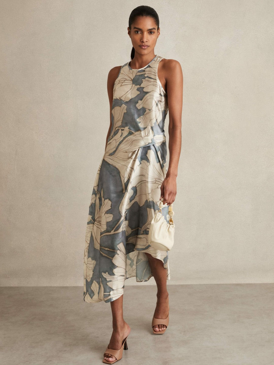 Satin Floral Drape Midi Dress in Blue | Reiss Women Exclusive