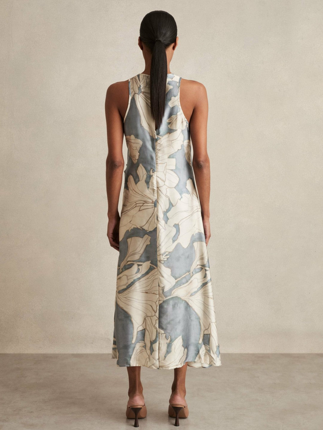 Satin Floral Drape Midi Dress in Blue | Reiss Women Exclusive