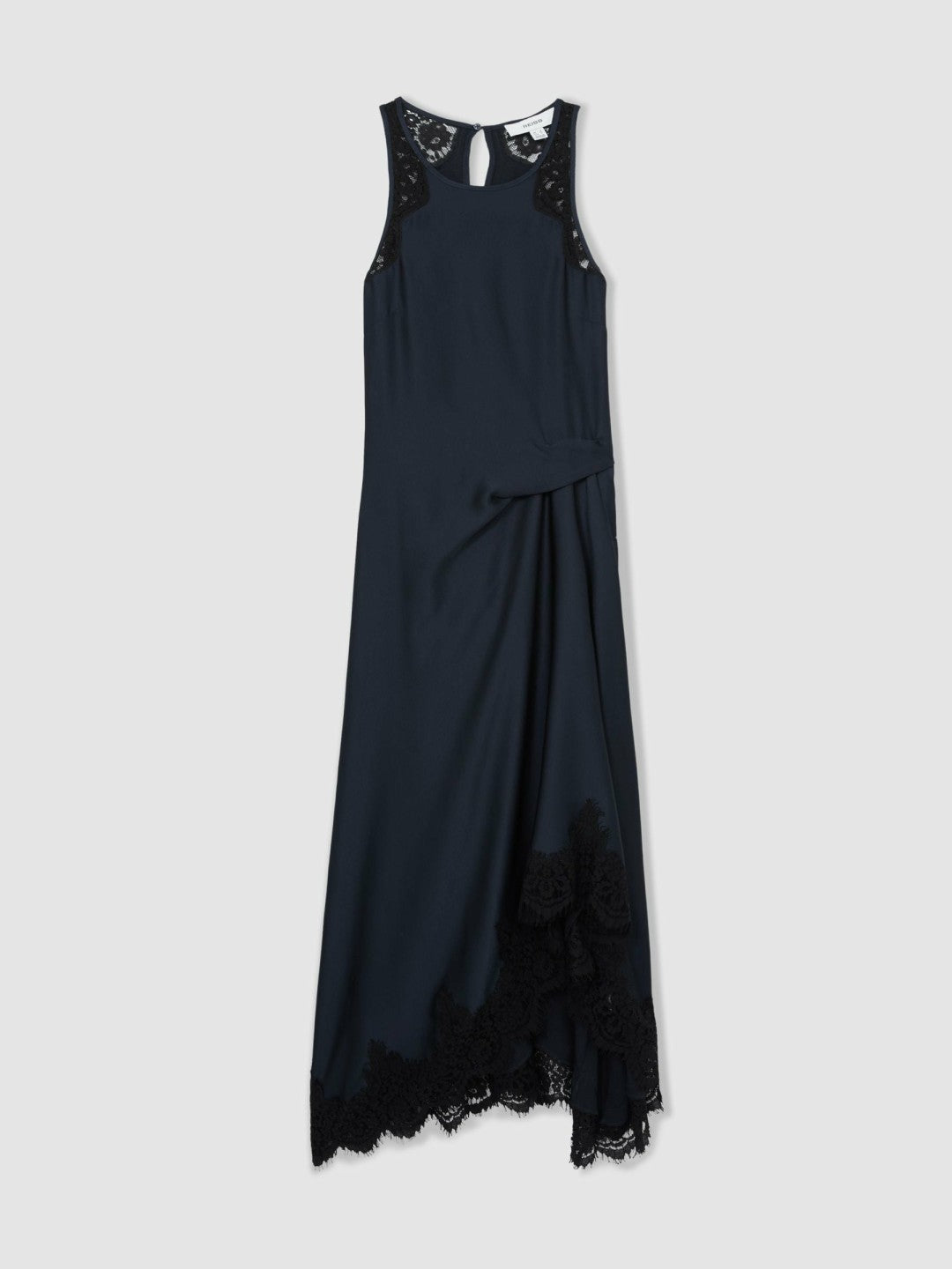 Petite Satin Drape Lace-Trim Dress in Navy | Reiss Women Recommended