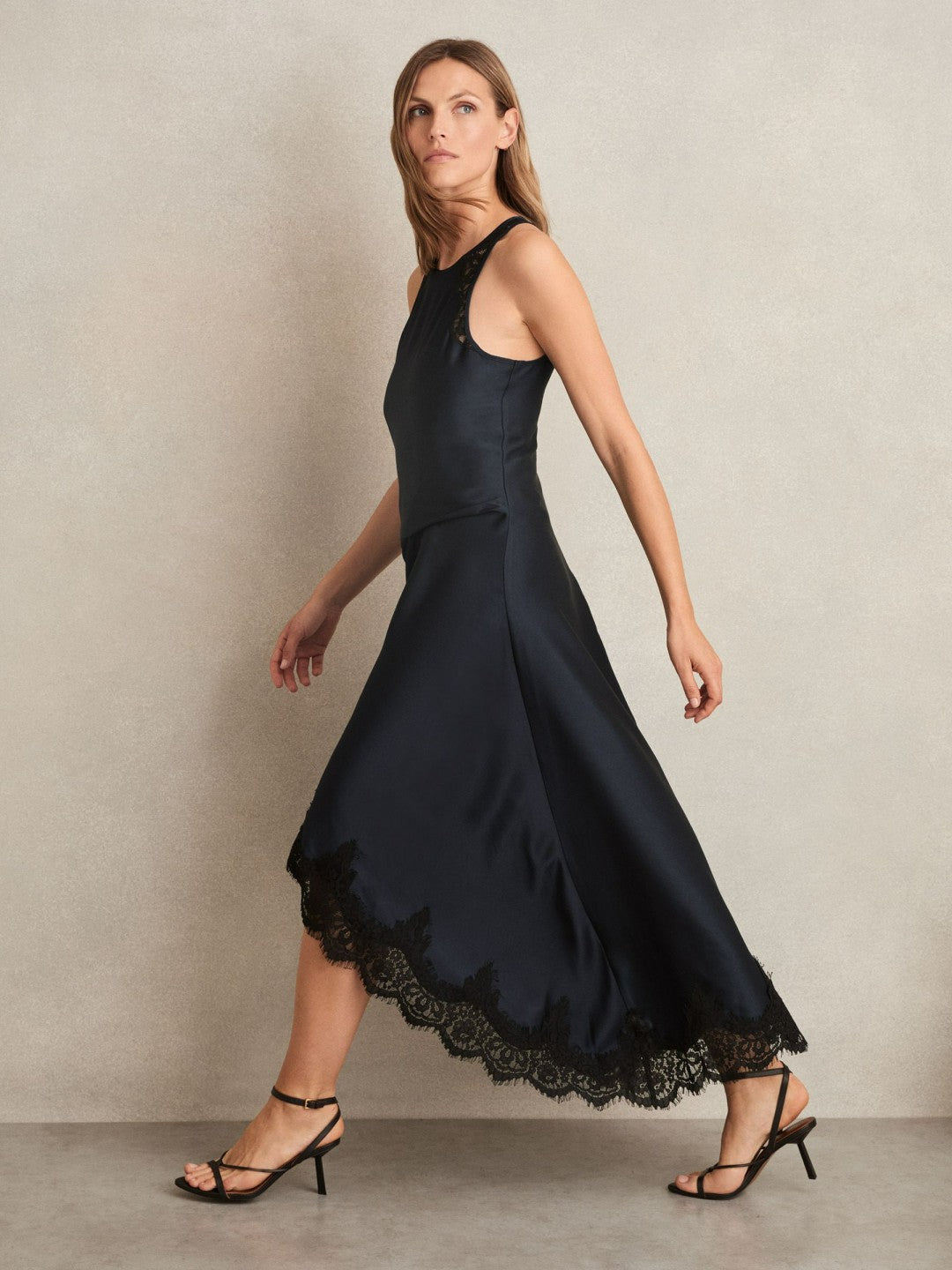 Petite Satin Drape Lace-Trim Dress in Navy | Reiss Women Recommended