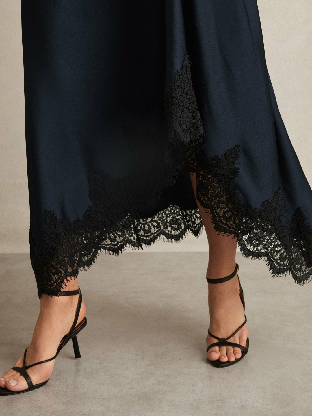 Petite Satin Drape Lace-Trim Dress in Navy | Reiss Women Recommended
