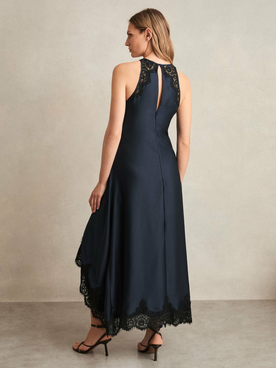 Petite Satin Drape Lace-Trim Dress in Navy | Reiss Women Recommended