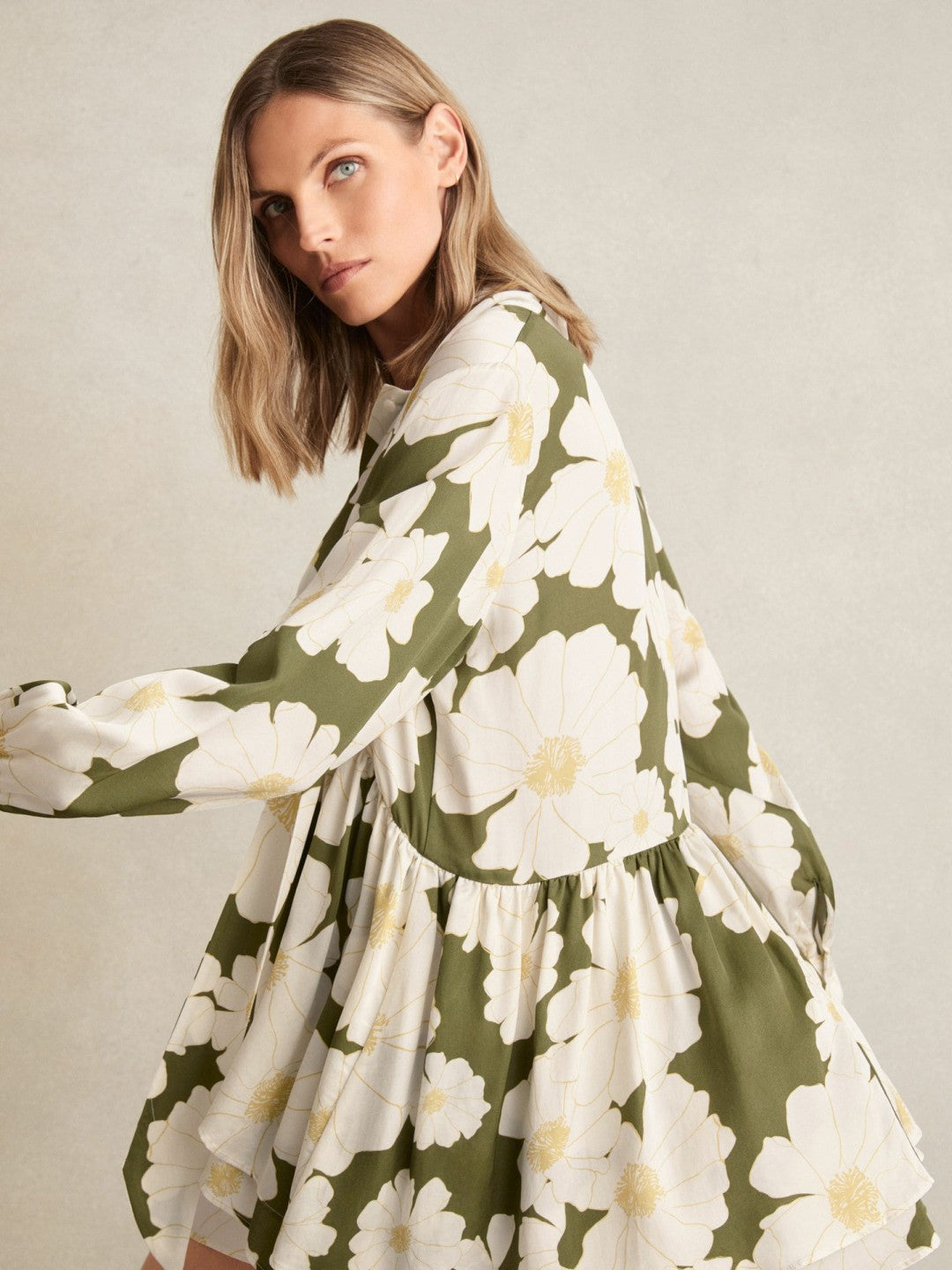 Floral Tie-Neck Swing Dress in Ivory/Green | Reiss Women Trending