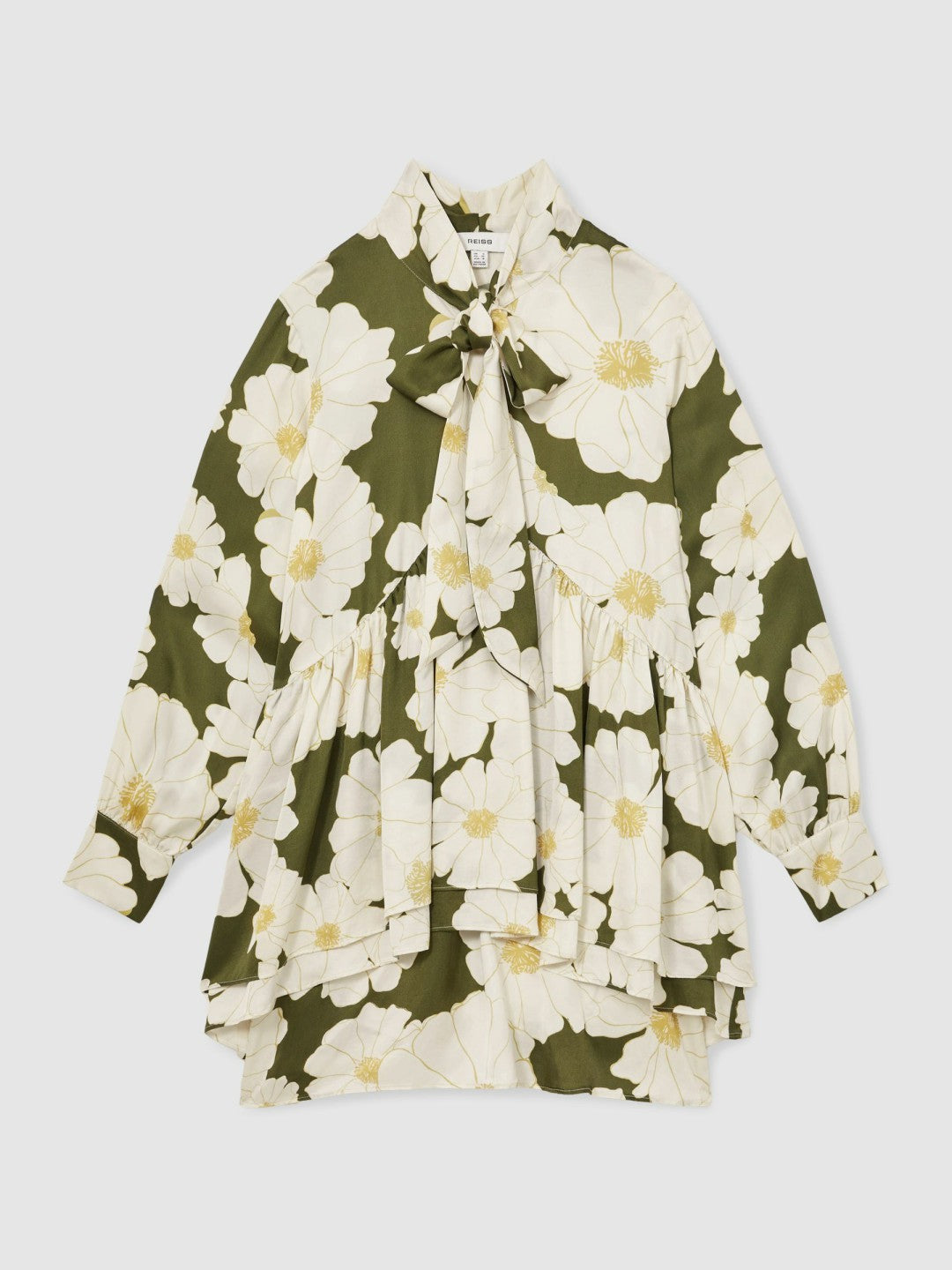 Floral Tie-Neck Swing Dress in Ivory/Green | Reiss Women Trending