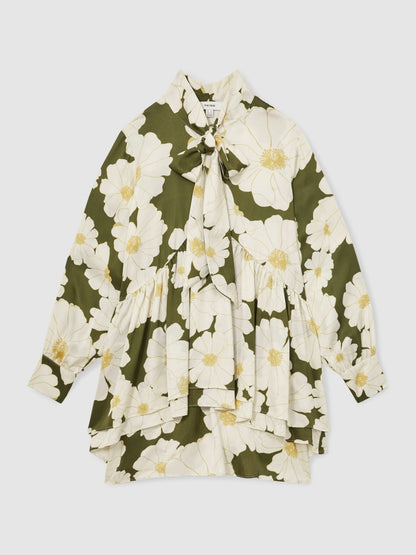 Floral Tie-Neck Swing Dress in Ivory/Green | Reiss Women Trending