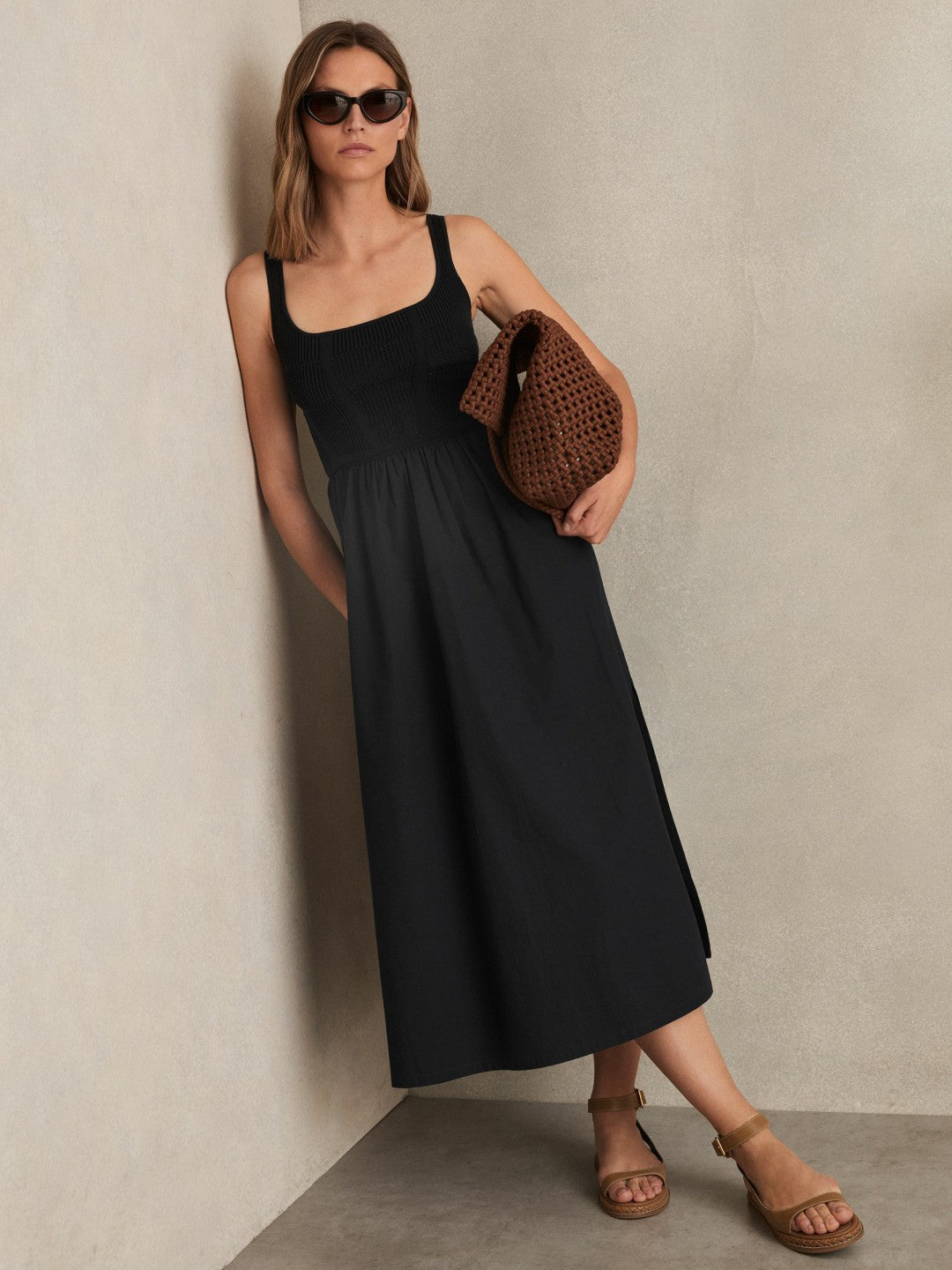 Perforated-Knit Cotton-Skirt Midi Dress in Navy | Reiss Women Exclusive