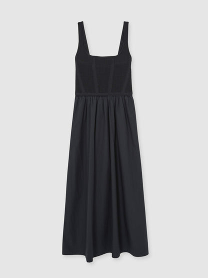 Perforated-Knit Cotton-Skirt Midi Dress in Navy | Reiss Women Exclusive