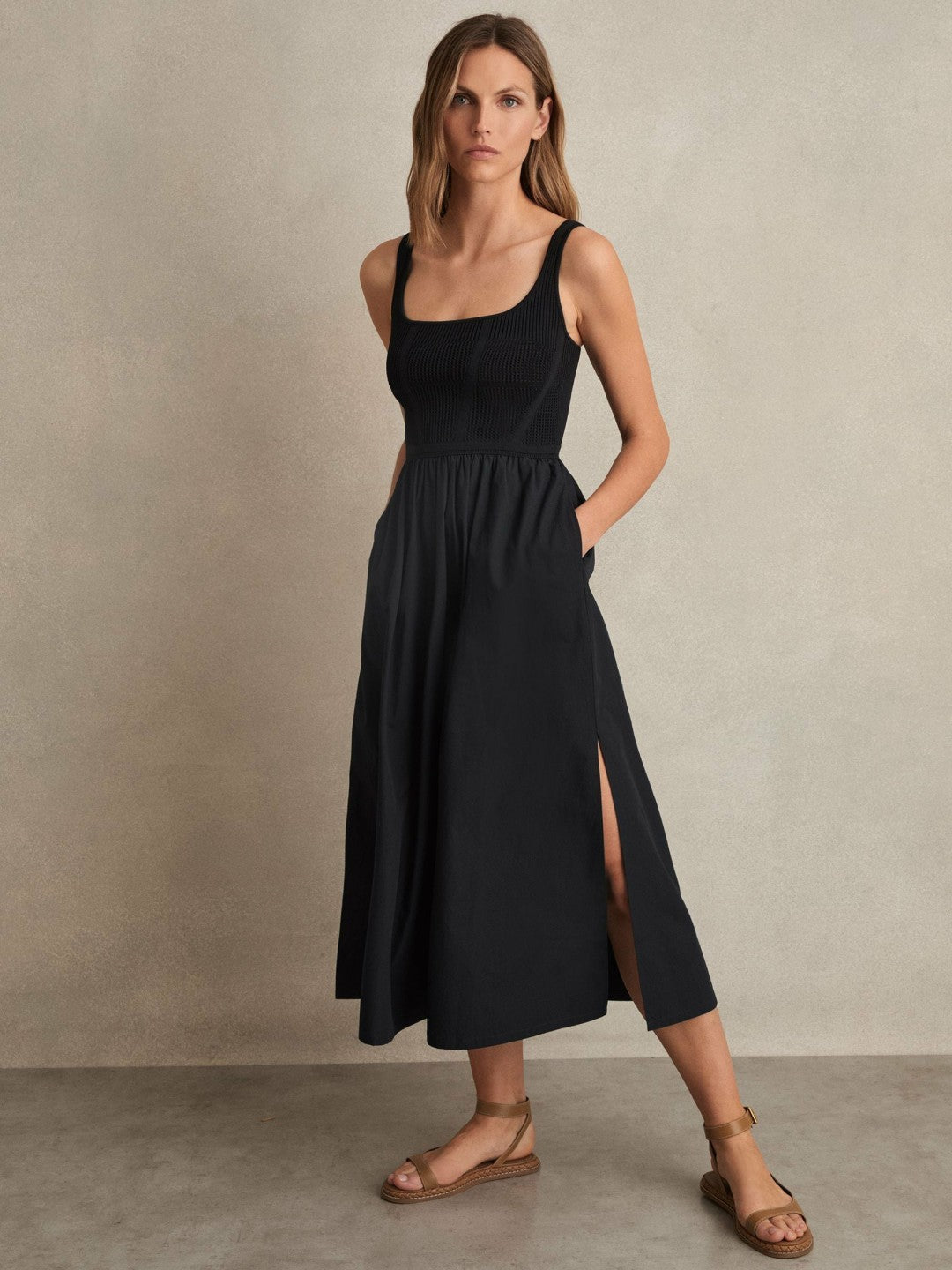 Perforated-Knit Cotton-Skirt Midi Dress in Navy | Reiss Women Exclusive