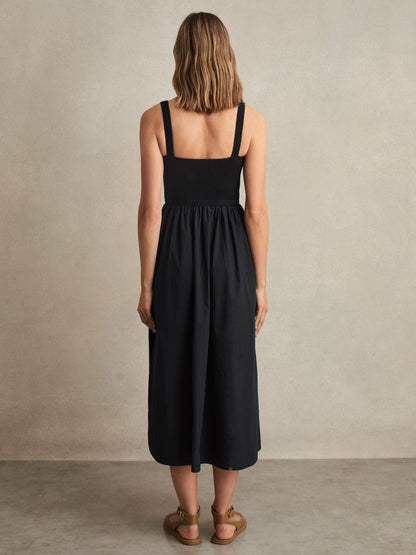 Perforated-Knit Cotton-Skirt Midi Dress in Navy | Reiss Women Exclusive