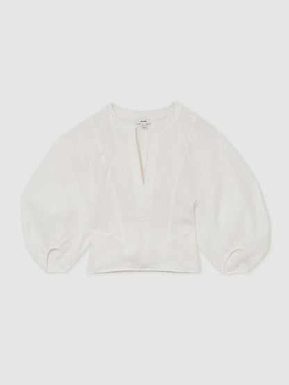 Linen Balloon-Sleeve Top in Ivory | Reiss Women Signature