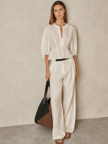 Linen Balloon-Sleeve Top in Ivory | Reiss Women Signature