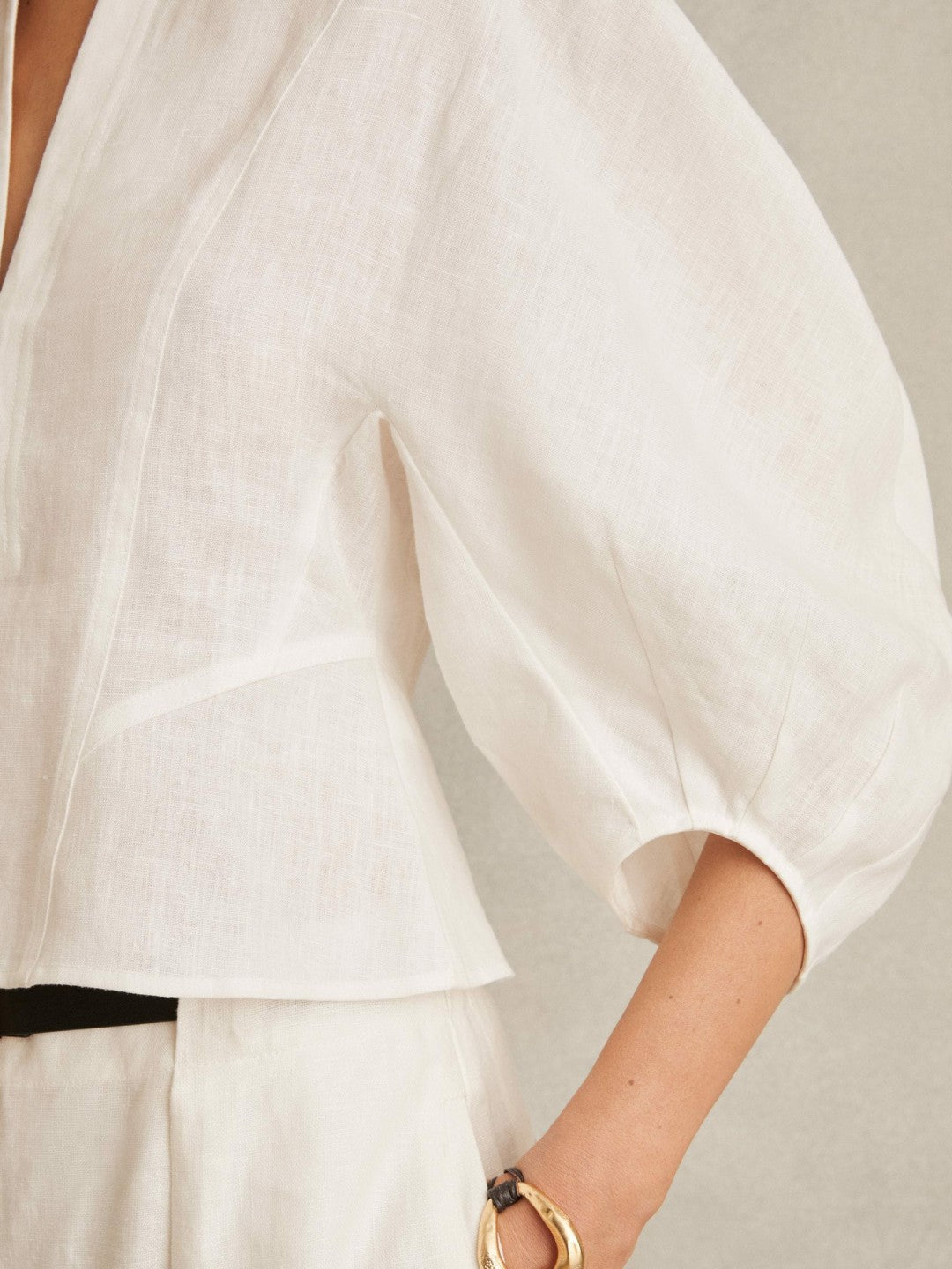 Linen Balloon-Sleeve Top in Ivory | Reiss Women Signature