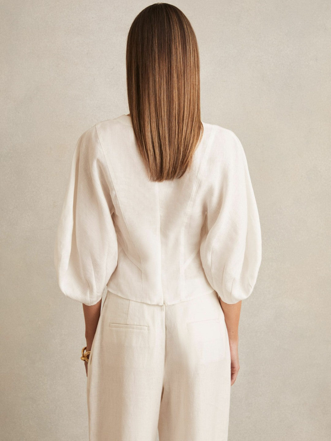 Linen Balloon-Sleeve Top in Ivory | Reiss Women Signature
