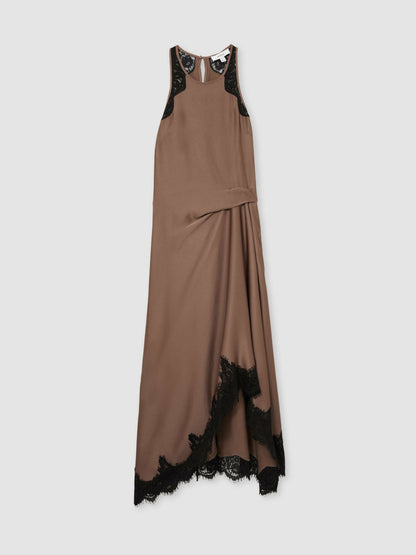 Satin Drape Lace-Trim Dress in Mocha Brown | Reiss Women Trending