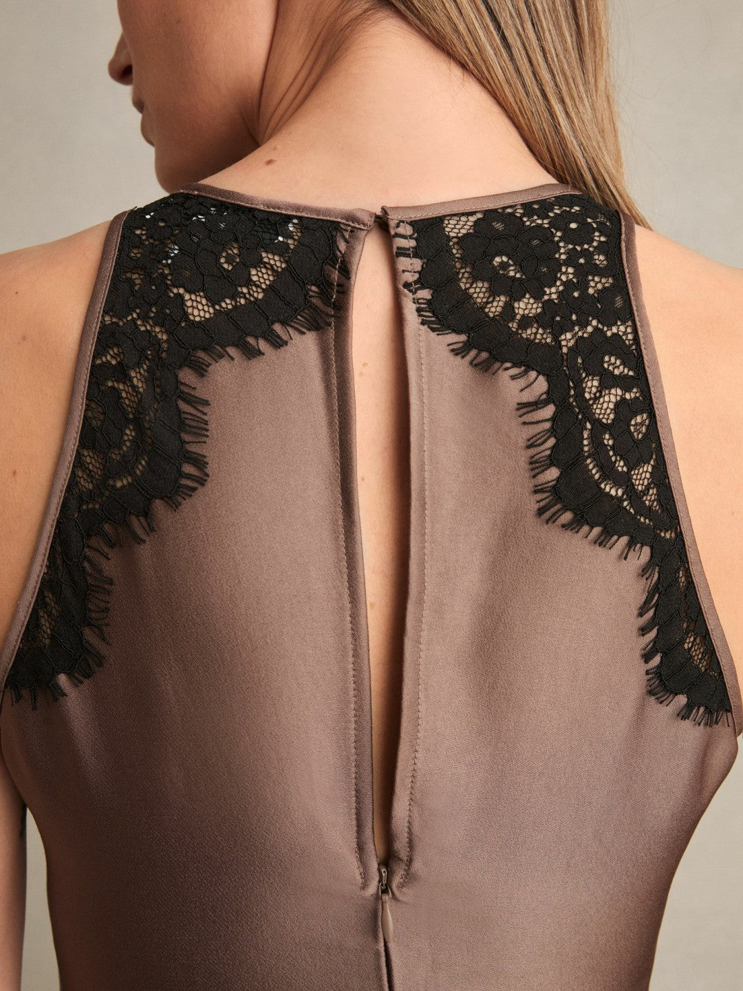 Satin Drape Lace-Trim Dress in Mocha Brown | Reiss Women Trending