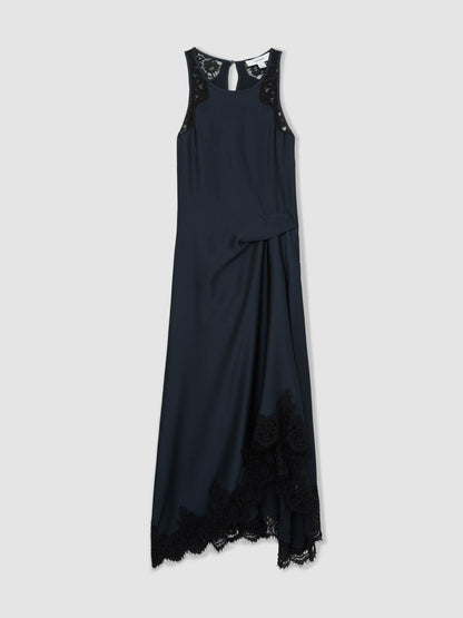 Satin Drape Lace-Trim Dress in Navy | Reiss Women Recommended