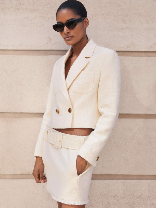 Bouclé Belted Mini Skirt With Wool and Cotton in White | Reiss Women Featured