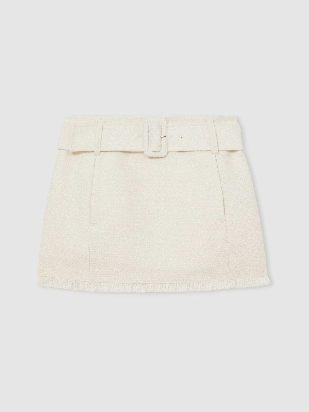 Bouclé Belted Mini Skirt With Wool and Cotton in White | Reiss Women Featured