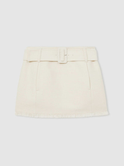 Bouclé Belted Mini Skirt With Wool and Cotton in White | Reiss Women Featured