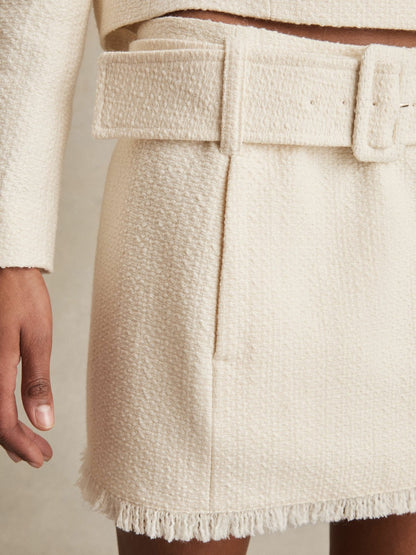 Bouclé Belted Mini Skirt With Wool and Cotton in White | Reiss Women Featured