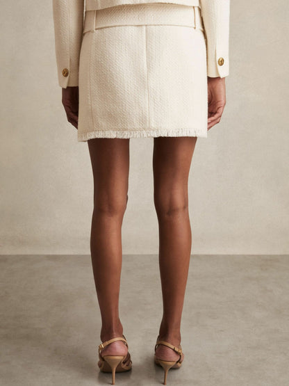 Bouclé Belted Mini Skirt With Wool and Cotton in White | Reiss Women Featured
