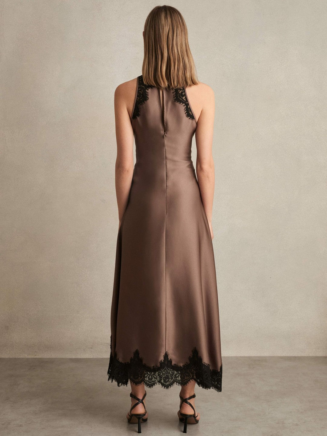 Petite Satin Drape Lace-Trim Dress in Mocha Brown | Reiss Women Premium
