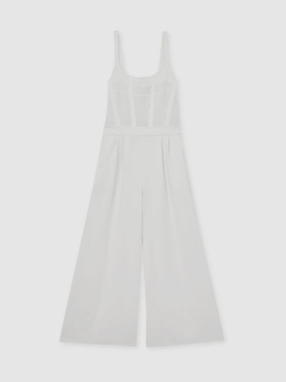 Perforated-Knit Wide-Leg Jumpsuit in Ivory | Reiss Women Premium