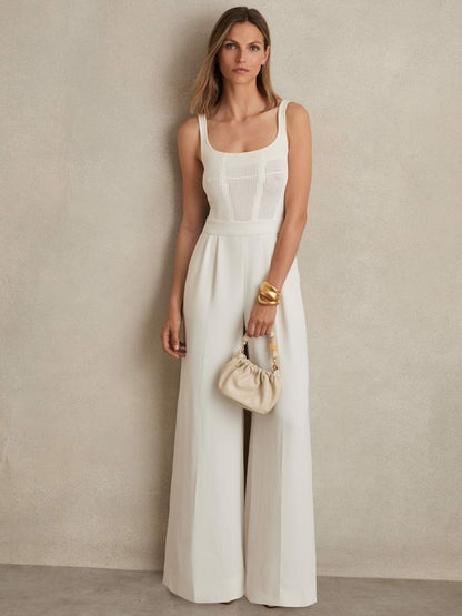 Perforated-Knit Wide-Leg Jumpsuit in Ivory | Reiss Women Premium