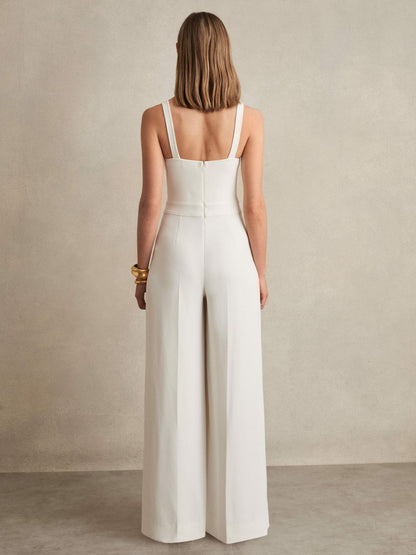 Perforated-Knit Wide-Leg Jumpsuit in Ivory | Reiss Women Premium