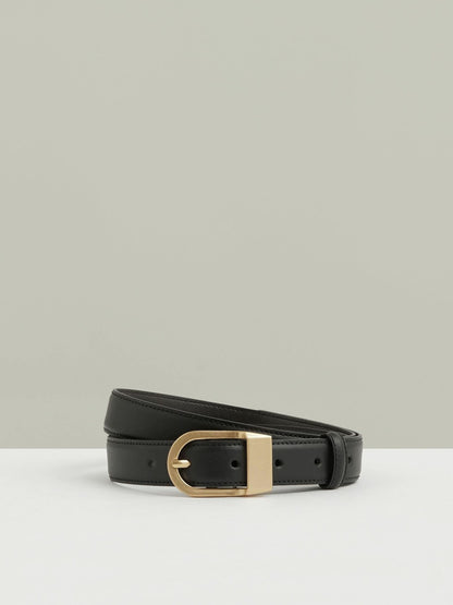 Leather Curved-Buckle Belt in Black | Reiss Women Exclusive