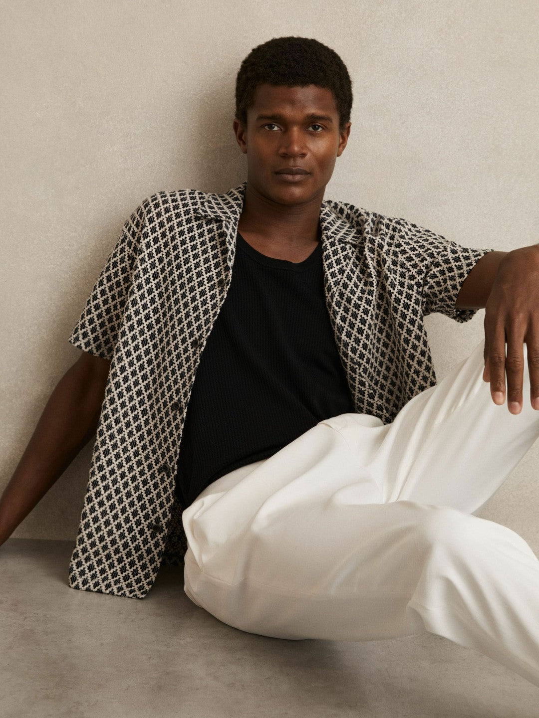 Geometric-Crochet Cuban-Collar Shirt in Navy/White | Reiss Men Exclusive