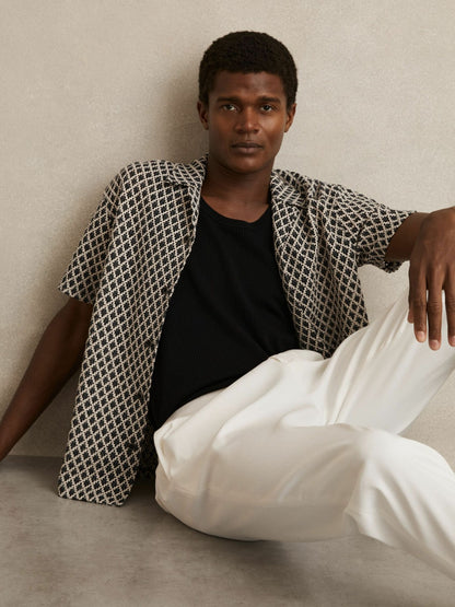 Geometric-Crochet Cuban-Collar Shirt in Navy/White | Reiss Men Exclusive