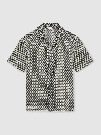 Geometric-Crochet Cuban-Collar Shirt in Navy/White | Reiss Men Exclusive