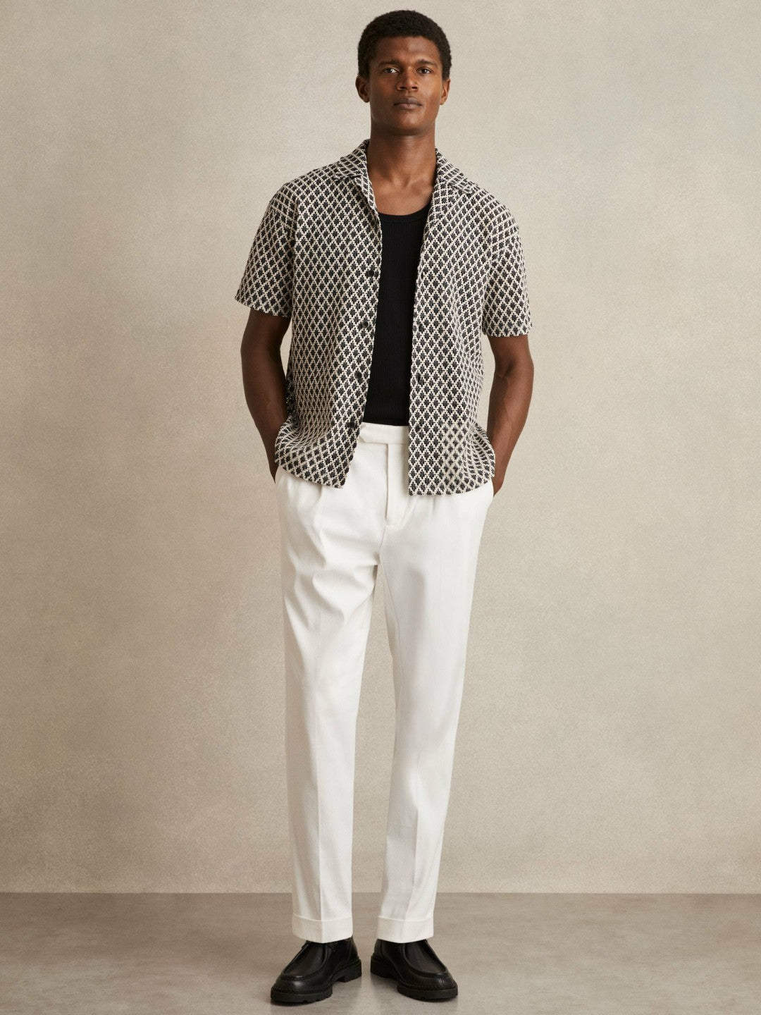 Geometric-Crochet Cuban-Collar Shirt in Navy/White | Reiss Men Exclusive