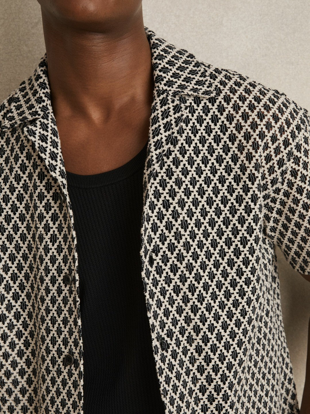Geometric-Crochet Cuban-Collar Shirt in Navy/White | Reiss Men Exclusive