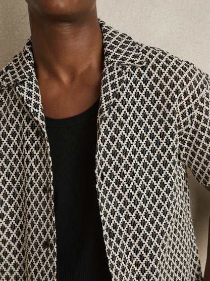 Geometric-Crochet Cuban-Collar Shirt in Navy/White | Reiss Men Exclusive