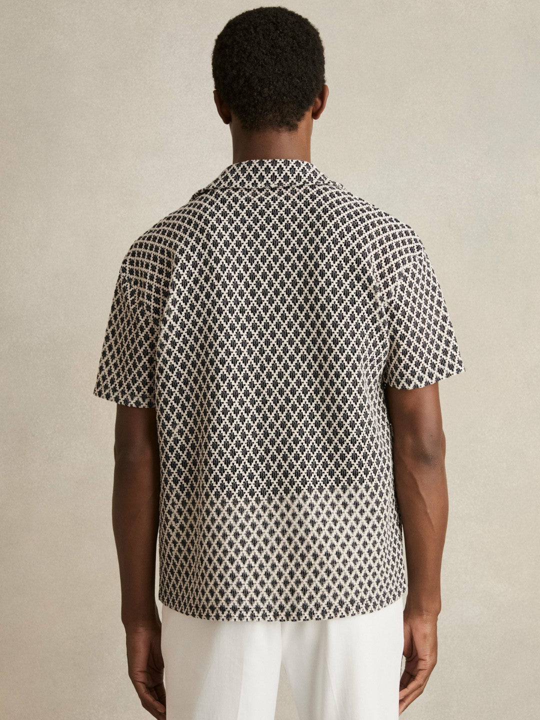 Geometric-Crochet Cuban-Collar Shirt in Navy/White | Reiss Men Exclusive