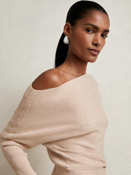 Asymmetric Draped Knitted Jumper in Oatmeal Neutral | Reiss Women Featured