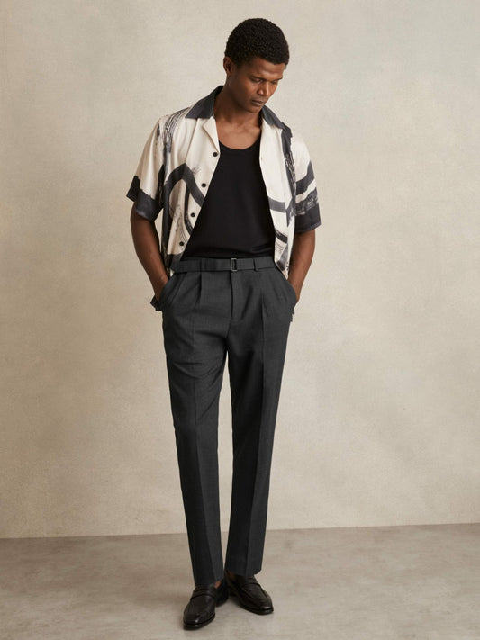 Wool-Blend Belted Pleated Trousers Regular-Fit in Charcoal Grey | Reiss Men Signature