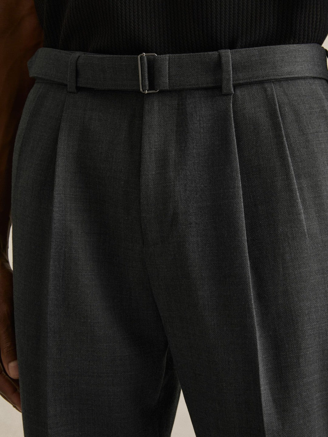 Wool-Blend Belted Pleated Trousers Regular-Fit in Charcoal Grey | Reiss Men Signature