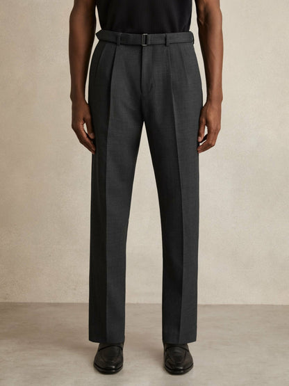 Wool-Blend Belted Pleated Trousers Regular-Fit in Charcoal Grey | Reiss Men Signature