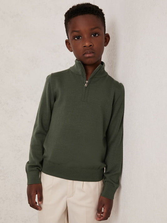 9-13 yrs Merino Wool Half-Zip Funnel Neck Jumper in Kale Green | Reiss Children & Baby Popular