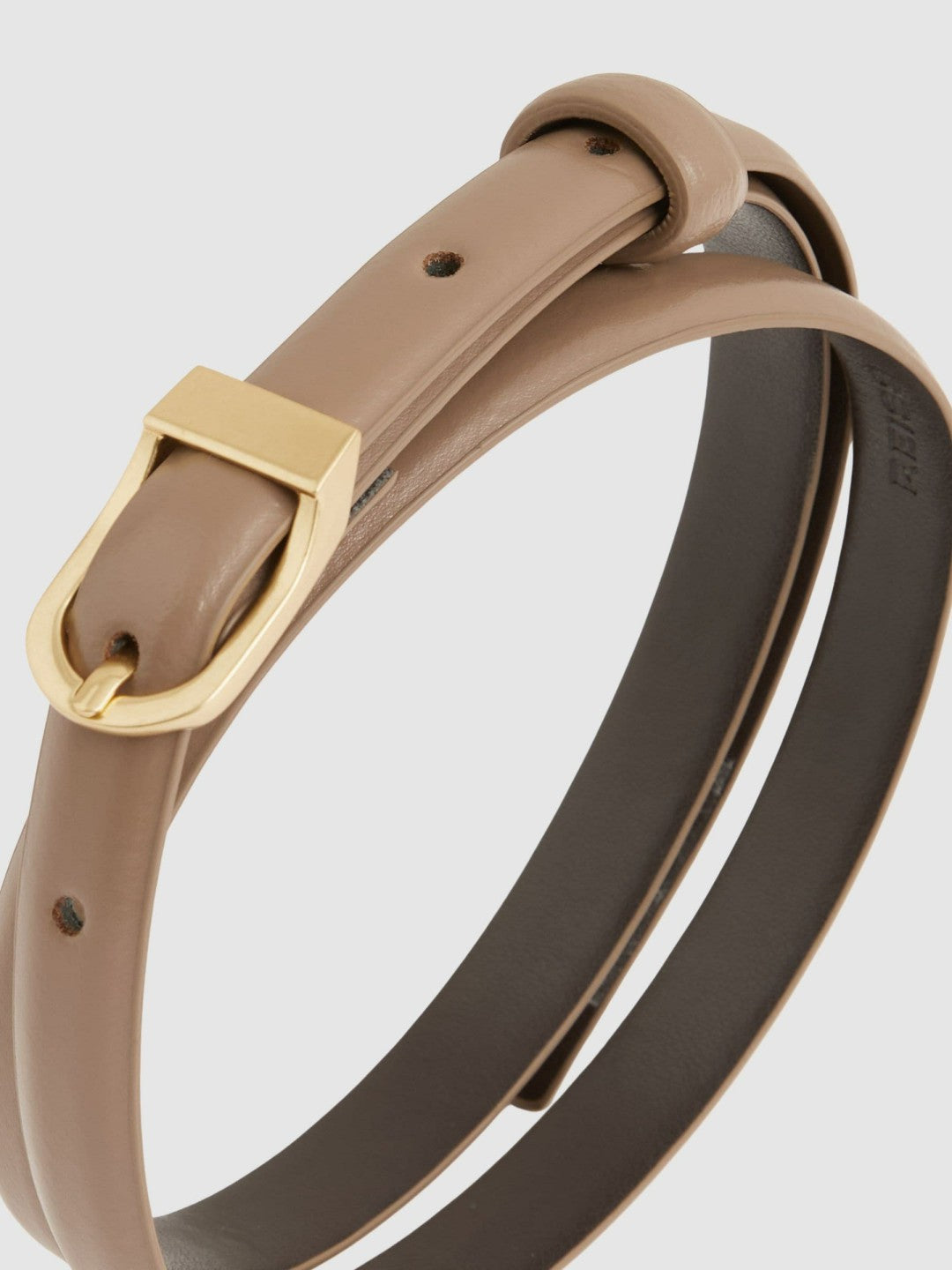 Leather Curved-Buckle Skinny Belt in Taupe | Reiss Women New
