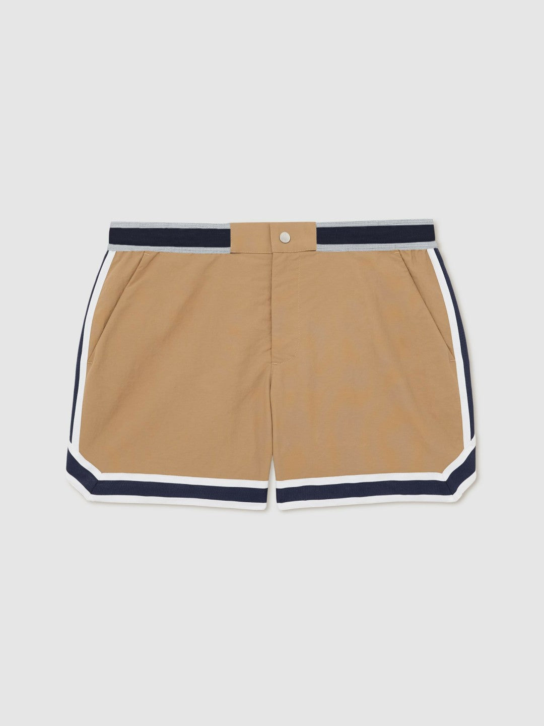 | Ché Stripe-Trim Swim Shorts in Camel | Reiss Men New