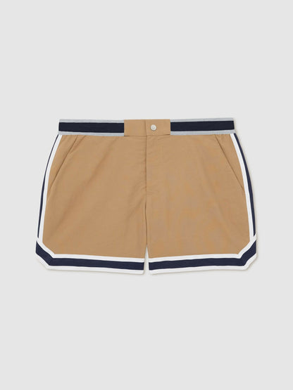| Ché Stripe-Trim Swim Shorts in Camel | Reiss Men New