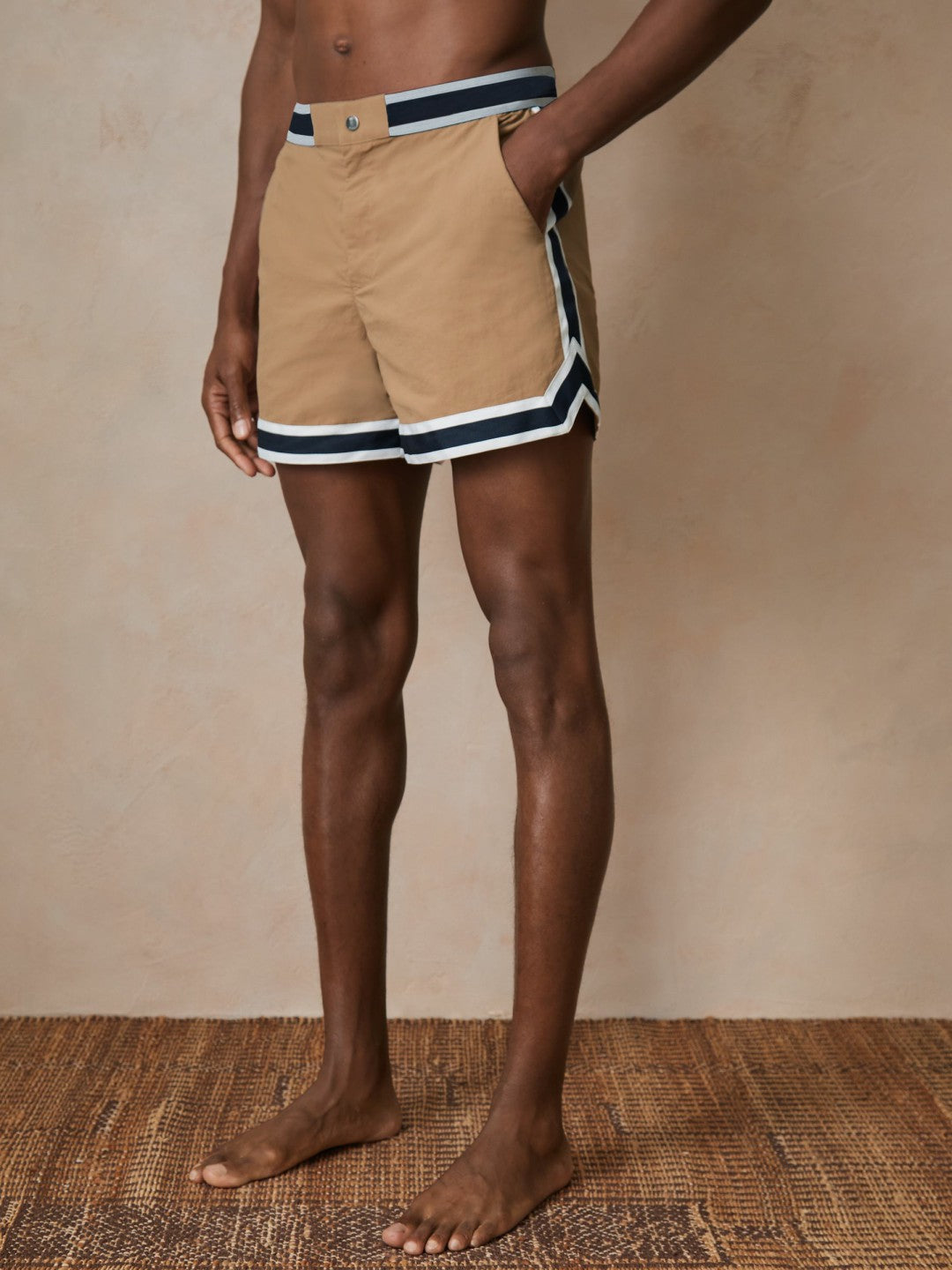 | Ché Stripe-Trim Swim Shorts in Camel | Reiss Men New