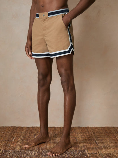 | Ché Stripe-Trim Swim Shorts in Camel | Reiss Men New