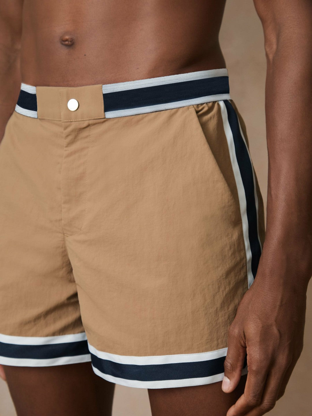 | Ché Stripe-Trim Swim Shorts in Camel | Reiss Men New