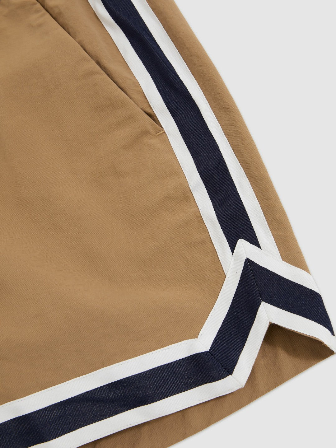 | Ché Stripe-Trim Swim Shorts in Camel | Reiss Men New