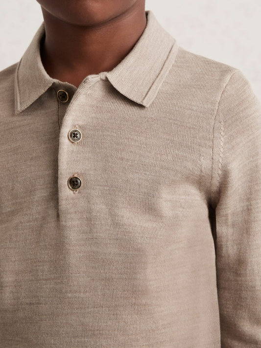 9-13 yrs Merino Wool Long-Sleeve Polo Shirt in Wheat Melange | Reiss Children & Baby Signature